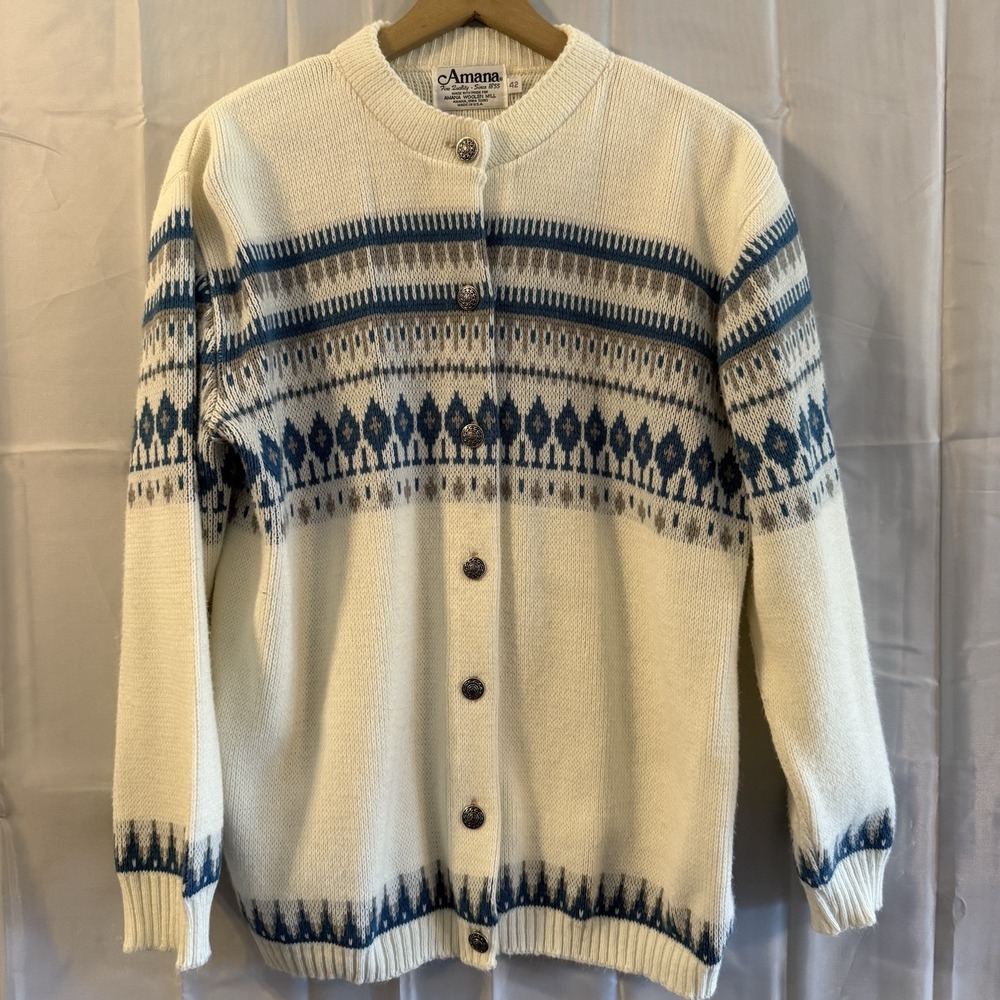 Vintage Amana Woolen Mills Cardigan Sweater Womens 42 L Blue Fair‎ Isle Button